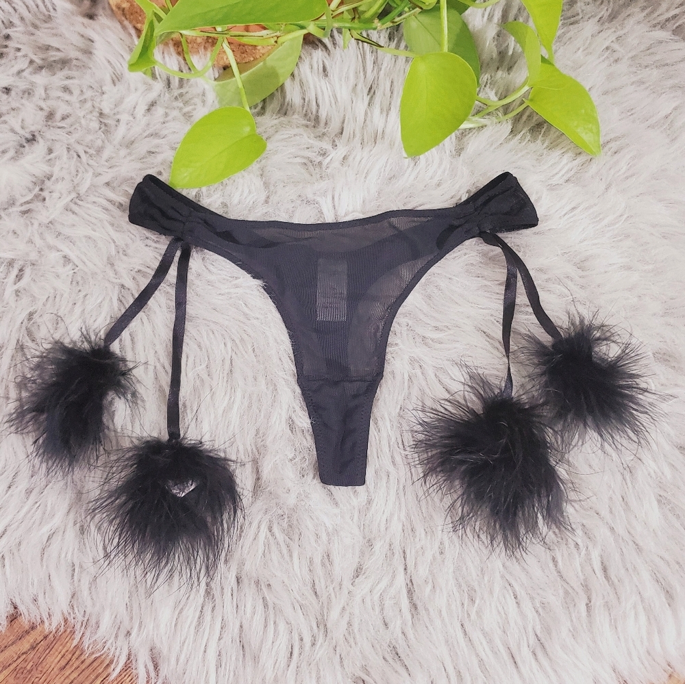 Silk And Satin Black Low Rise Intimate Pom Pom Thong Panty